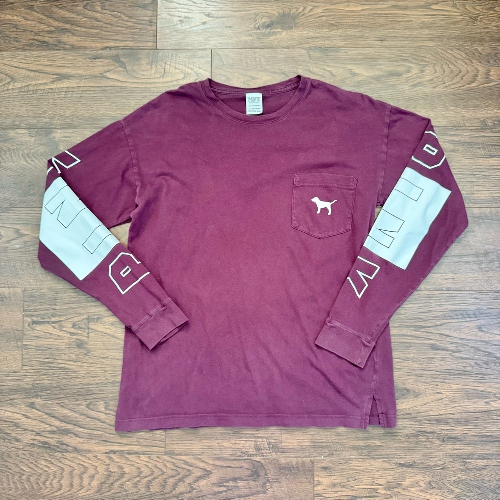 Victoria’s Secret PINK Longsleeve Pocket Crew Neck Purple Logo T Shirt Size S